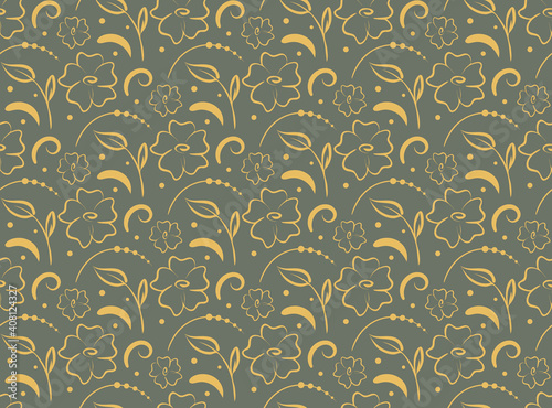 Wallpaper Mural Folk decorative seamless pattern, Hand drawn nature simple elements in color of yellow gold. Grey background is easy to change Torontodigital.ca