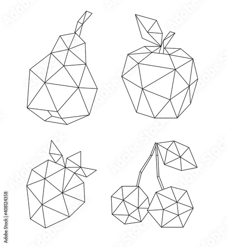 Low poly fruit set isolated on white. Decorative  geometric triangle apple, cherry, pear and strawberry. Icon collection for tattoo design. Vector stock illustration.