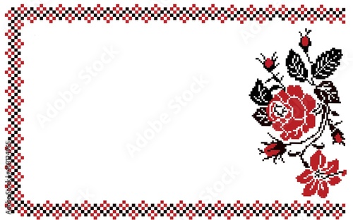 Traditional Ukrainian embroidery frame with nation red rose ornament. Folk red and black textile design with white background.