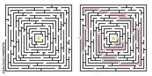 Labyrinth game. Square maze puzzle. Find the right way, path or solution. Vector illustration.