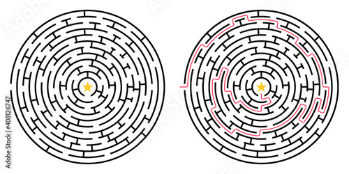 Labyrinth game. Circle maze puzzle. Find the right way, path or solution. Vector illustration.