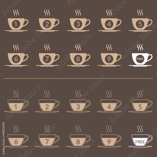 Coffee loyalty card concept with coffee cup icons. Buy 9 cups and get 1 for free. Cafe beverage promotion design template. Vector illustration.
