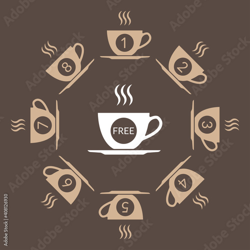 Coffee loyalty card concept with coffee cup icons. Buy 8 cups and get 1 for free. Cafe beverage promotion design template. Vector illustration.