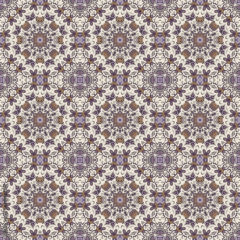 Creative trendy color abstract geometric mandala pattern in white violet gold , vector seamless, can be used for printing onto fabric, interior, design, textile, carpet, rug.