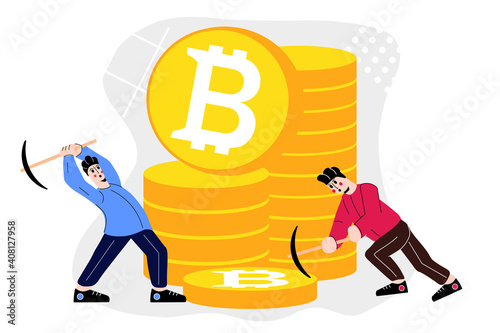 People mining mountain made of Bitcoins. Cryptocurrency mining hype with high earnings concept. Investment in bitcoin and other digital currency. Funny Cartoon Characters. Vector Illustration.