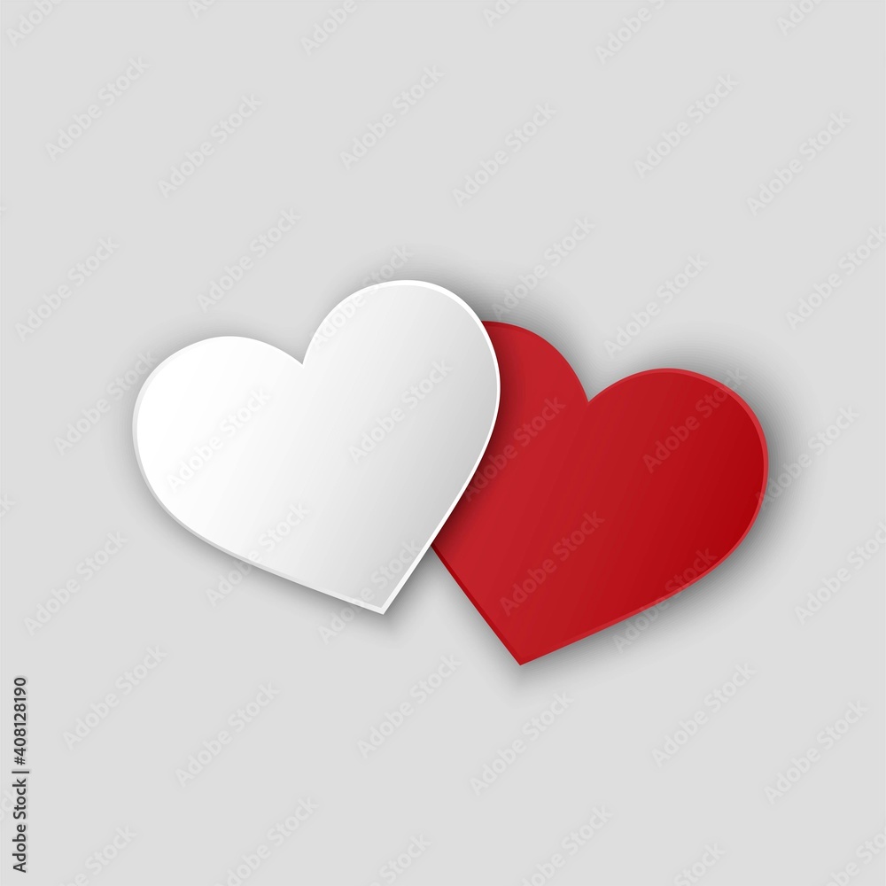 white and red hearts with shadow. valentines, wedding and love symbol
