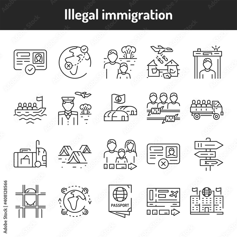 Illegal immigration color line icons set. Illegal immigration color line icons set.