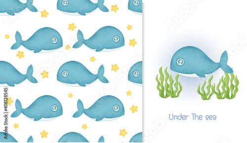 Watercolor seamless pattern and greeting card with cute whale.