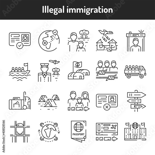 Illegal immigration color line icons set.