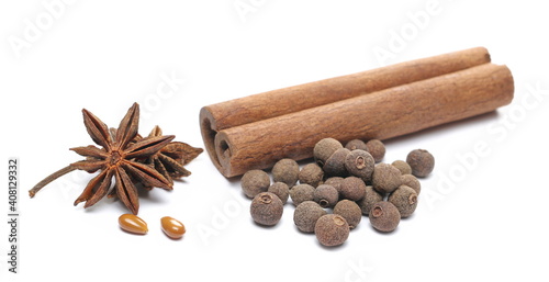 Star anise, aromatic allspice, pimento, cinnamon stick isolated on white background, macro 