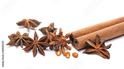 Star anise, seeds and cinnamon stick isolated on white background 