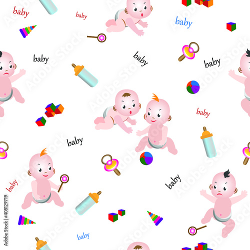Seamless pattern with cute cartoon babies, baby accessories and toys. Vector fabric design for children's clothing, wallpaper, other.