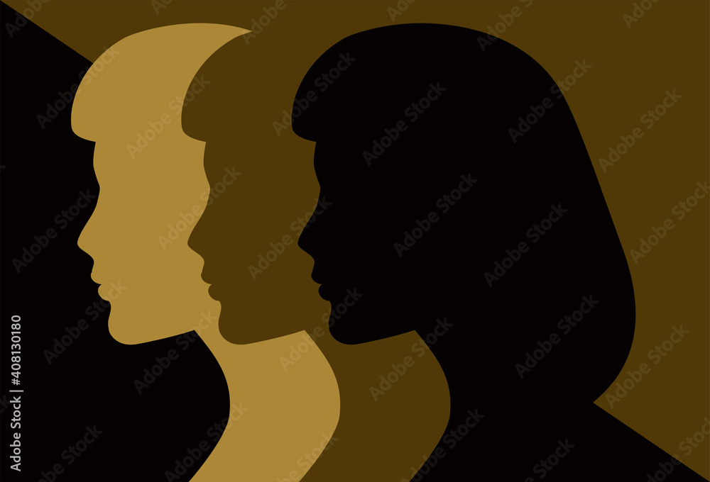 Black and Gold Three Women in Silhouette. Side view. Vector illustration