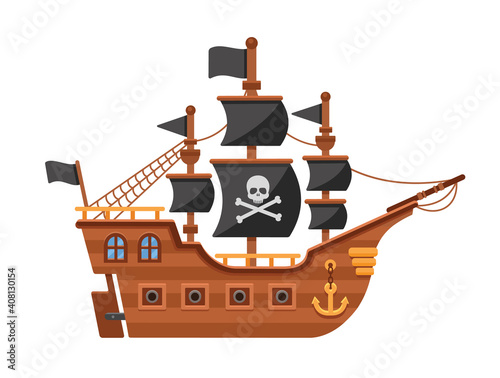 Pirate ship with a flag and black sails with a skull. Flat vector illustration