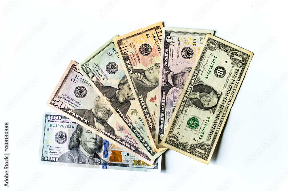 Paper money. Dollars of different denominations.