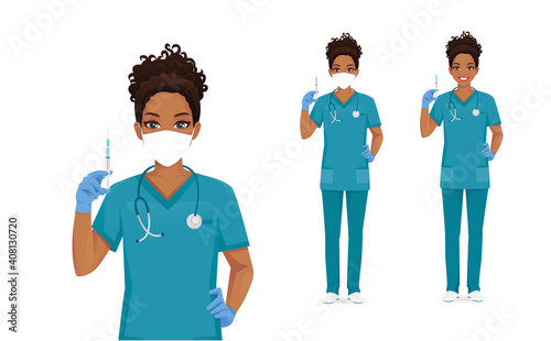 Female african nurse character wearing protective medical mask and gloves holding syringe in hand isolated vector illustartion
