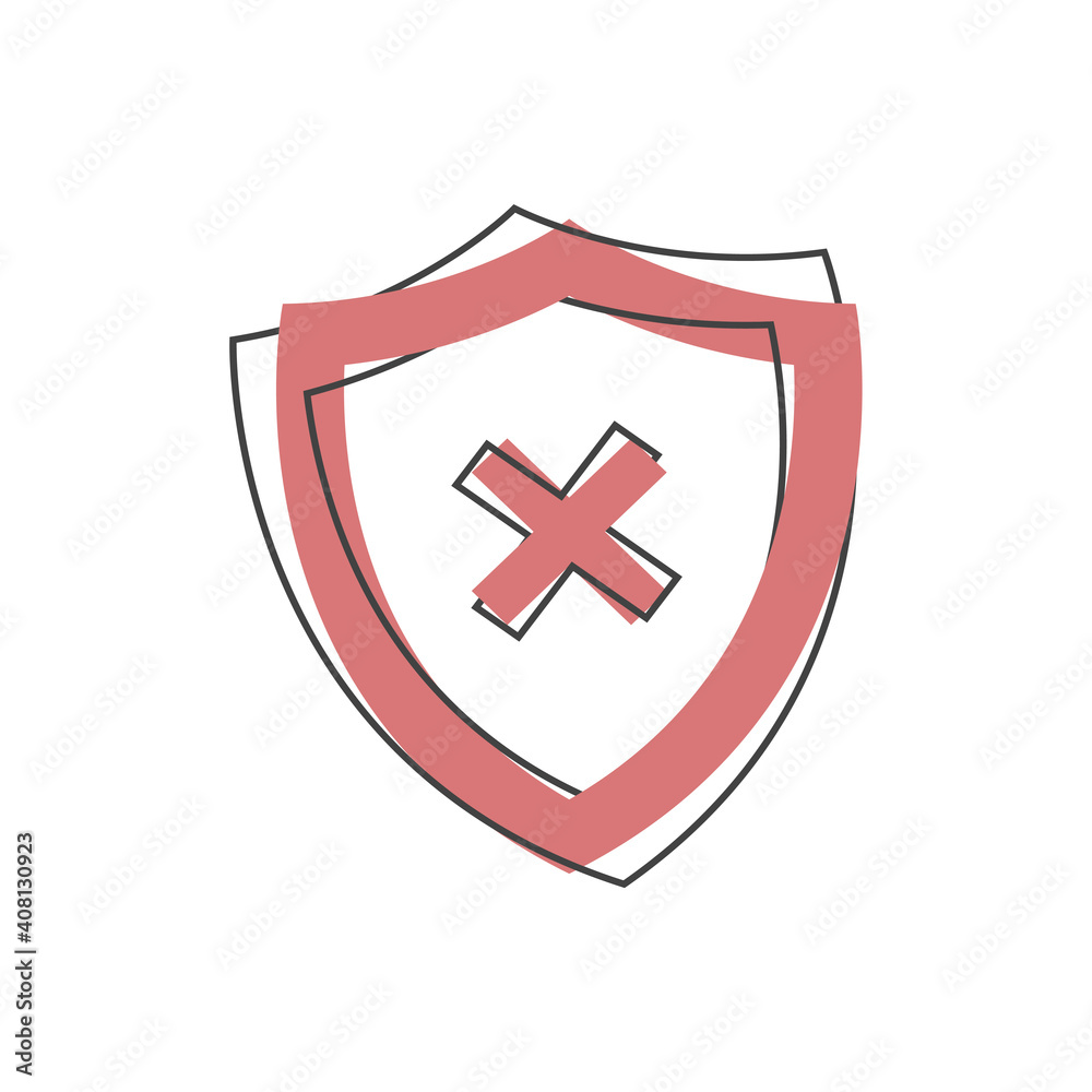 Vector illustration shield with red cross. Symbol of protection and reliability on cartoon style on white isolated background. Vector illustration shield with red cross. Symbol of protection and reliability on cartoon style on white isolated background.
