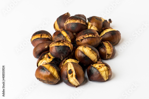 Roasted chestnut on white background.