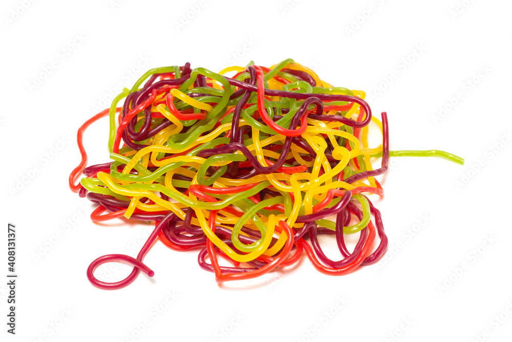 Tasty jelly spaghetti isolated on white background. Candy stripes. Tasty jelly spaghetti isolated on white background. Candy stripes.