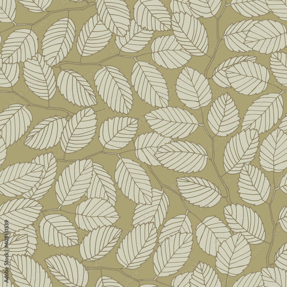 Seamless pattern with elm tree branches and leaves on dark beige background for surface design and other design projects. Realistic line art