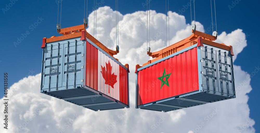 Freight containers with Canada and Morocco flag. 3D Rendering 
