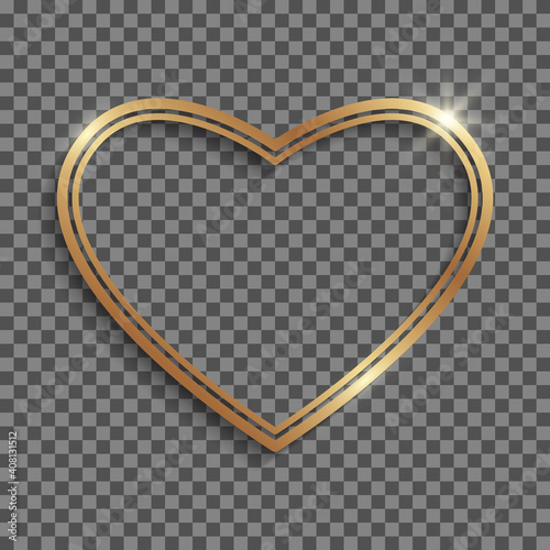 Golden double heart frame with shadows and highlights isolated on a transparent background.