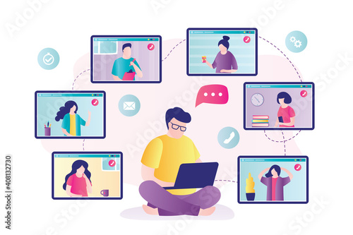 Businessman sits with laptop and communicates with colleagues. Business people on online conference. Online virtual meeting