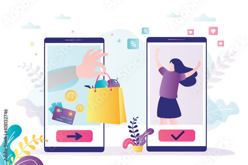 Hand holds package full of different gifts. Cute female character rejoice at online gifts. Cartoon woman receives virtual presents via smartphone