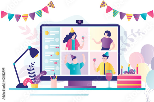 Friends celebrating birthday online. Different people in video conference. Ban on offline meetings and parties. Decorated workplace