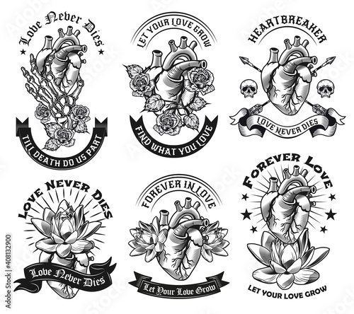 Heart tattoo templates set. Monochrome design elements with human organ, skulls, flowers and text on ribbon. Forever in love concept for stamps and emblems templates