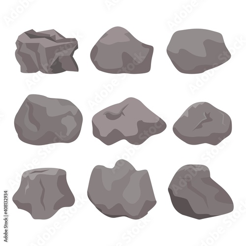 Rock stone cartoon vector set in a flat style with variety of shapes. Cartoon props for outdoor decor.