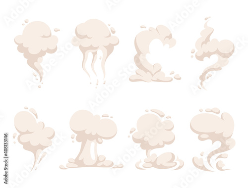 A set of smoke, explosions and smells. Aroma, fog and vapor clouds icons