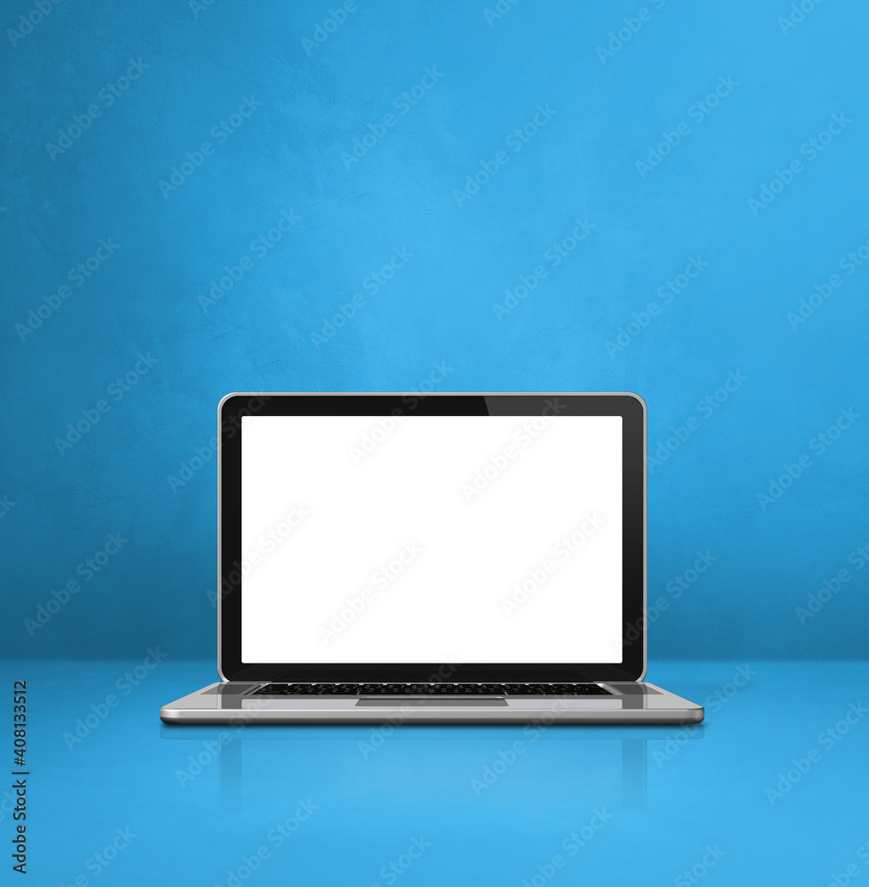 Fototapeta premium Laptop computer on blue office scene background