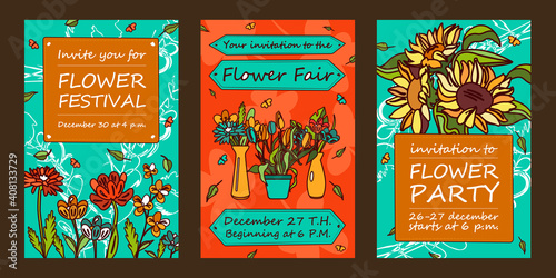 Flowers party invitation cards set. Bunches in vases, sunflowers illustrations with text, time, date on orange and green background. Festival or event concept for flyers and posters design
