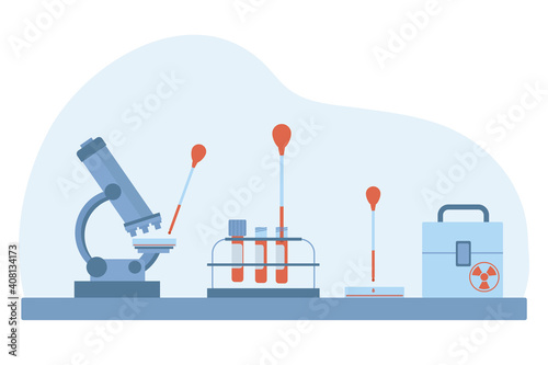 Clipart of laboratory research. Microscope, pipettes, Blood for research, viruses. The concept of laboratory studies in a flat style. Vector illustration