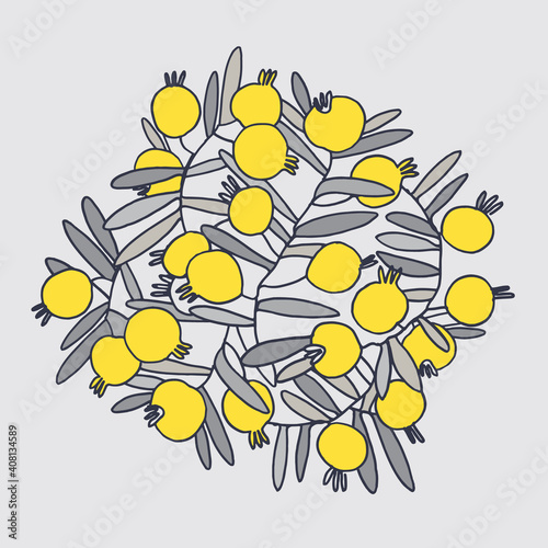 Decor printable art. Hand drawn vector abstract illustration with pomegranate fruits on branches. Trendy Ultimate Gray and Illuminating Yellow colors. Design for prints, posters, cards, textile