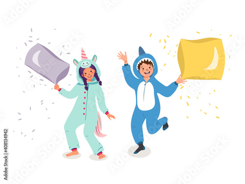 Set of children in animal costumes. Pajama party