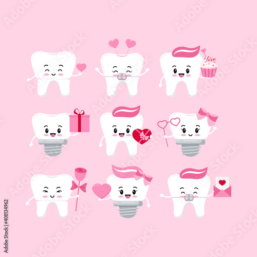 Valentines day teeth dental icon set isolated. Dentist cute white tooth, crown, implant, with braces character with heart, gift, balloon, rose, letter, cupcake. Flat design cartoon vector illustration