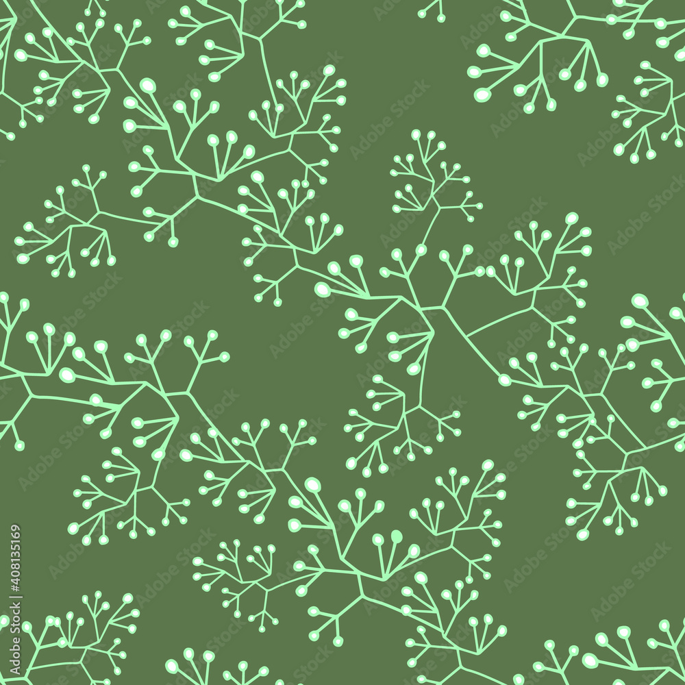 Seamless pattern with garlands of small leaves, moss. The texture of the vectors is light green and white. Print textiles, fabrics, backgrounds, accessories, wrapping paper, wallpaper.