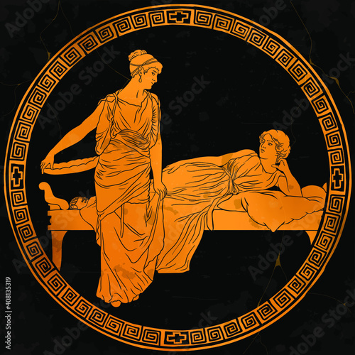 Two ancient Greek women in tunics chat in the bedroom. Figures isolated on white background.