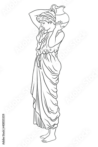 A young slender ancient Greek woman stands and holds a clay jug on her shoulder.