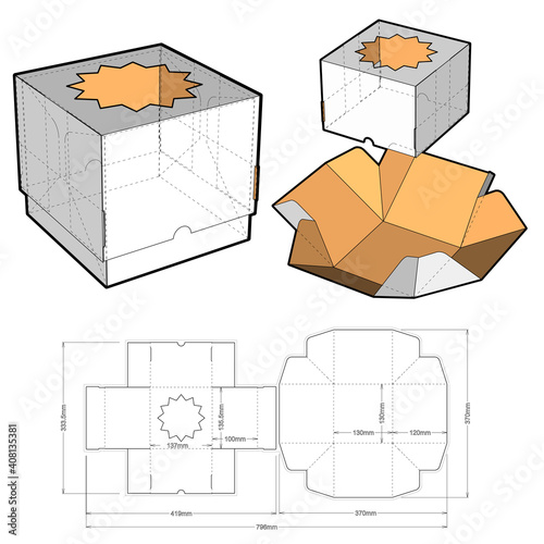 Cake Box (Internal measurement 13x13x12cm) and Die-cut Pattern. Ease of assembly, no need for glue. The .eps file is full scale and fully functional. Prepared for real cardboard production.