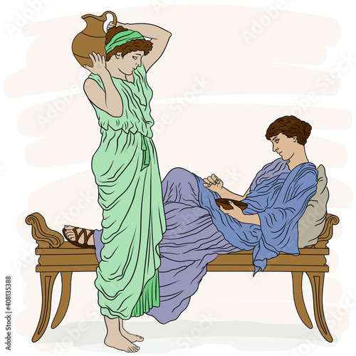 Two ancient Greek women in tunics chat in the bedroom. Figures isolated on white background.