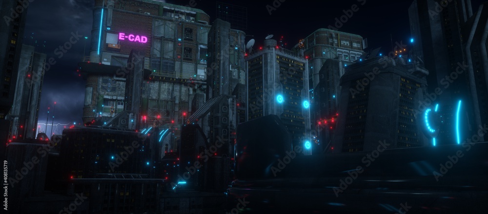 Dark night in a cyberpunk city. Futuristic skyscrapers with purple, red and blue neon lights against the night sky with clouds. Cyberpunk style scene. City of the future. 3D illustration.