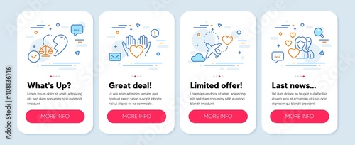Set of Love icons, such as Divorce lawyer, Honeymoon travel, Hold heart symbols. Mobile app mockup banners. Couple line icons. Broken heart, Love trip, Care love. Valentines day. Vector © blankstock