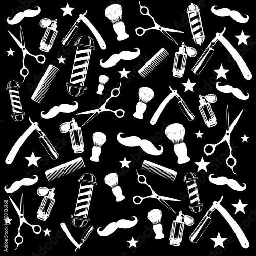 Vintage Barber Shop Black and white Pattern with shissors, combs, razors and moustaches