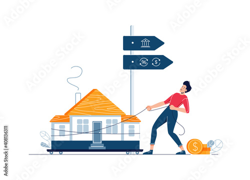 Mortgage refinancing concept. Man carries a home to the bank. Male character draggs a house for loan refunding with getting cash out. Vector illustration isolated on white, cartoon flat design