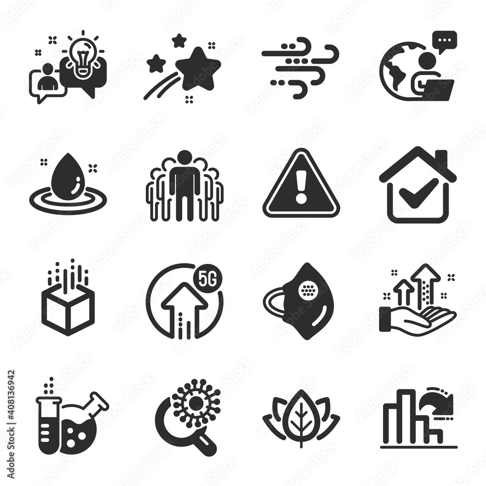 Obraz premium Set of Science icons, such as Group, Augmented reality, Idea symbols. Windy weather, Coronavirus research, Analysis graph signs. Medical mask, Organic tested, Decreasing graph. Fuel energy. Vector