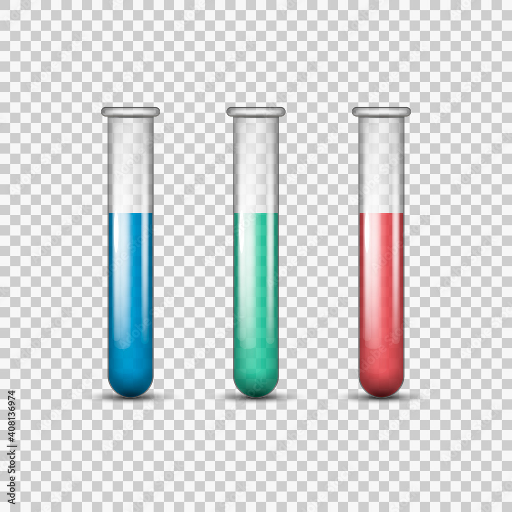 A set of realistic illustrations of five test tubes with empty ,orange,green, blue and red liquid isolated on a transparent background-vector illustration. A set of realistic illustrations of five test tubes with empty ,orange,green, blue and red liquid isolated on a transparent background-vector illustration.