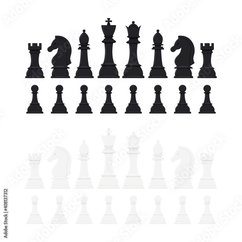 Chess pieces vector icon set isolated on white background. Black and white chess figures in a raw - king, queen, bishop, knight, rook, pawn game disign elements. Flat design cartoon style illustration